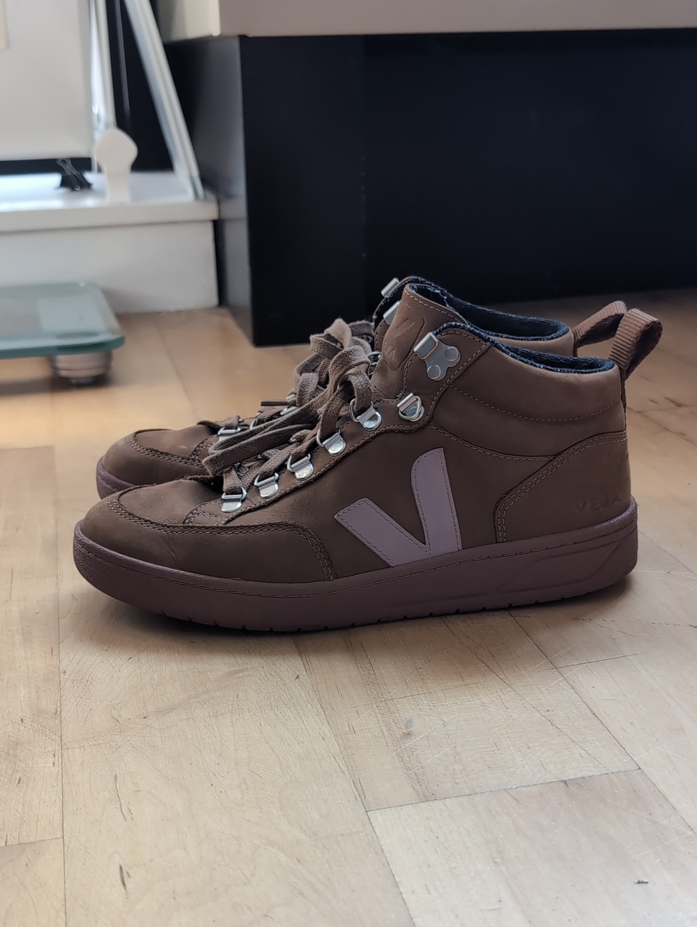 Veja Tan High Top Sneakers With Purple Accent